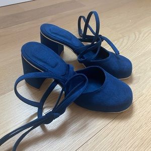 Blue vegan suede block heels